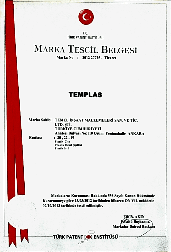 Templas Marka Tescil Belgesi